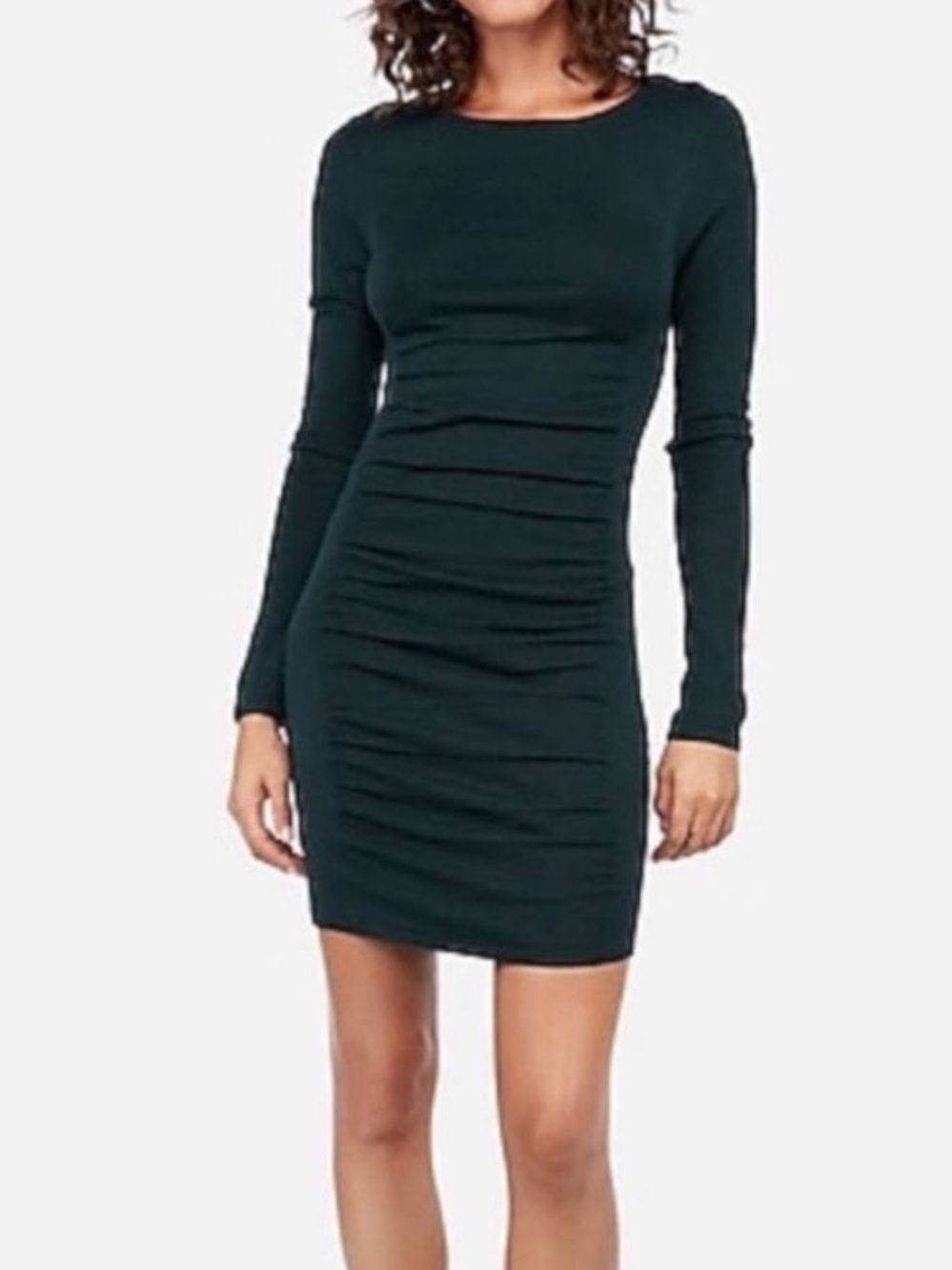 Express forest Green Ruched Sweater Dress mini, lightweight, fitted, crewneck